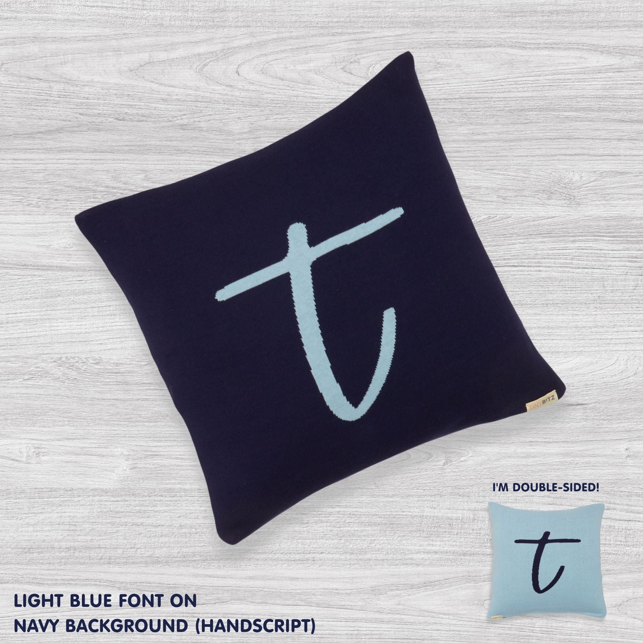 Personalised cushion with initial t in navy and light blue font, knitted cotton cushion by TinyBitz, custom baby and kids gift.