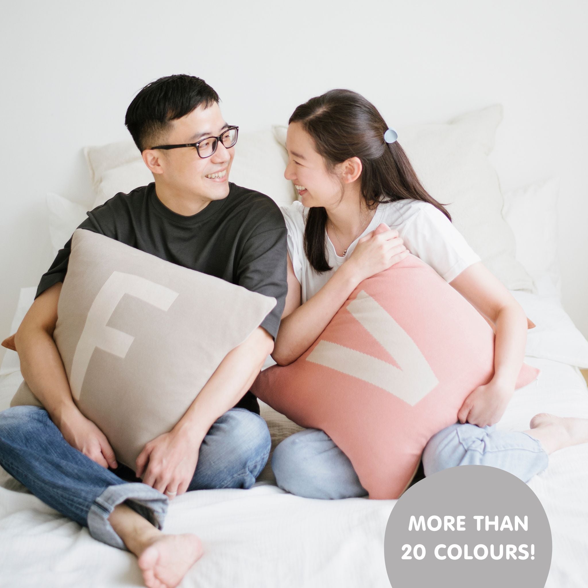 Personalised cushions for home decor featuring the initials F and V, custom knitted cotton cushions by TinyBitz, perfect personalized gifts and sofa accents.