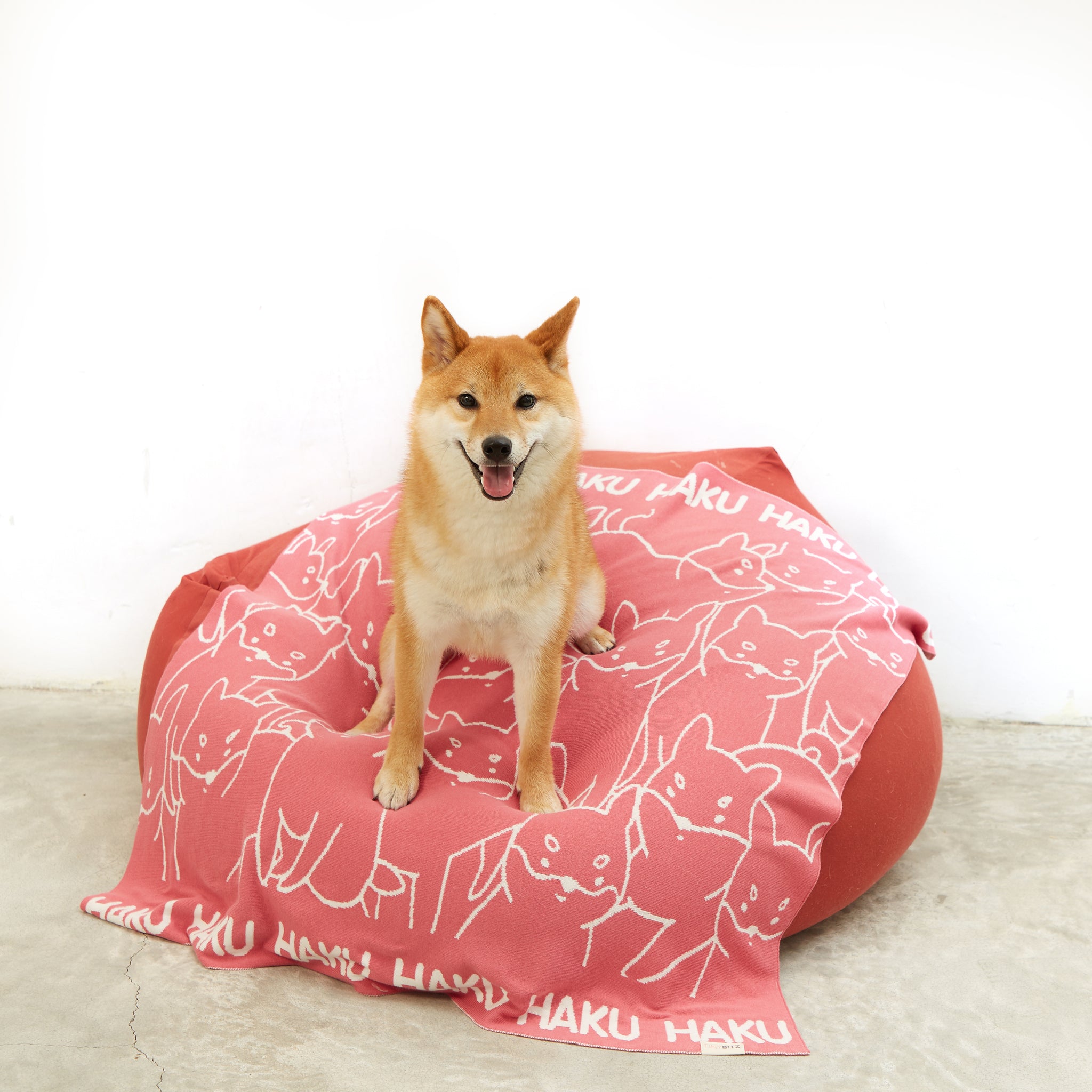 Personalised pet blanket for Shiba in rose pink and white knitted cotton, custom knitted dog blanket by TinyBitz, perfect gift for dog lovers.