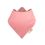 Coral pink organic muslin bib, perfect for baby gifts and keepsake accessories.