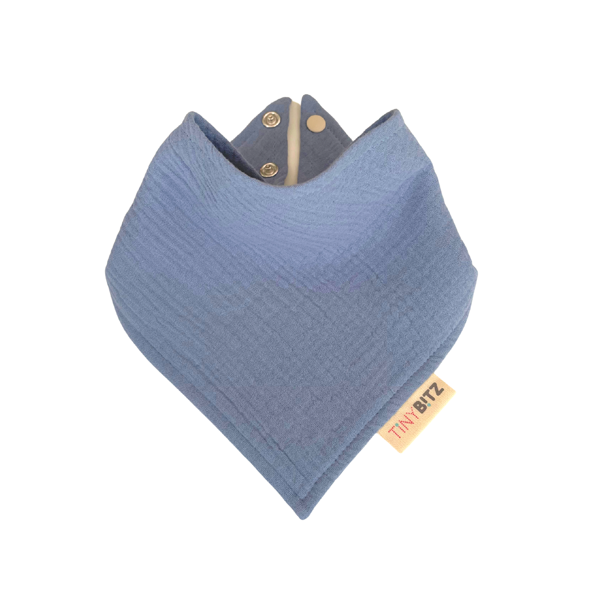 Dusty Blue organic muslin bib, perfect for baby gifts and keepsake accessories.