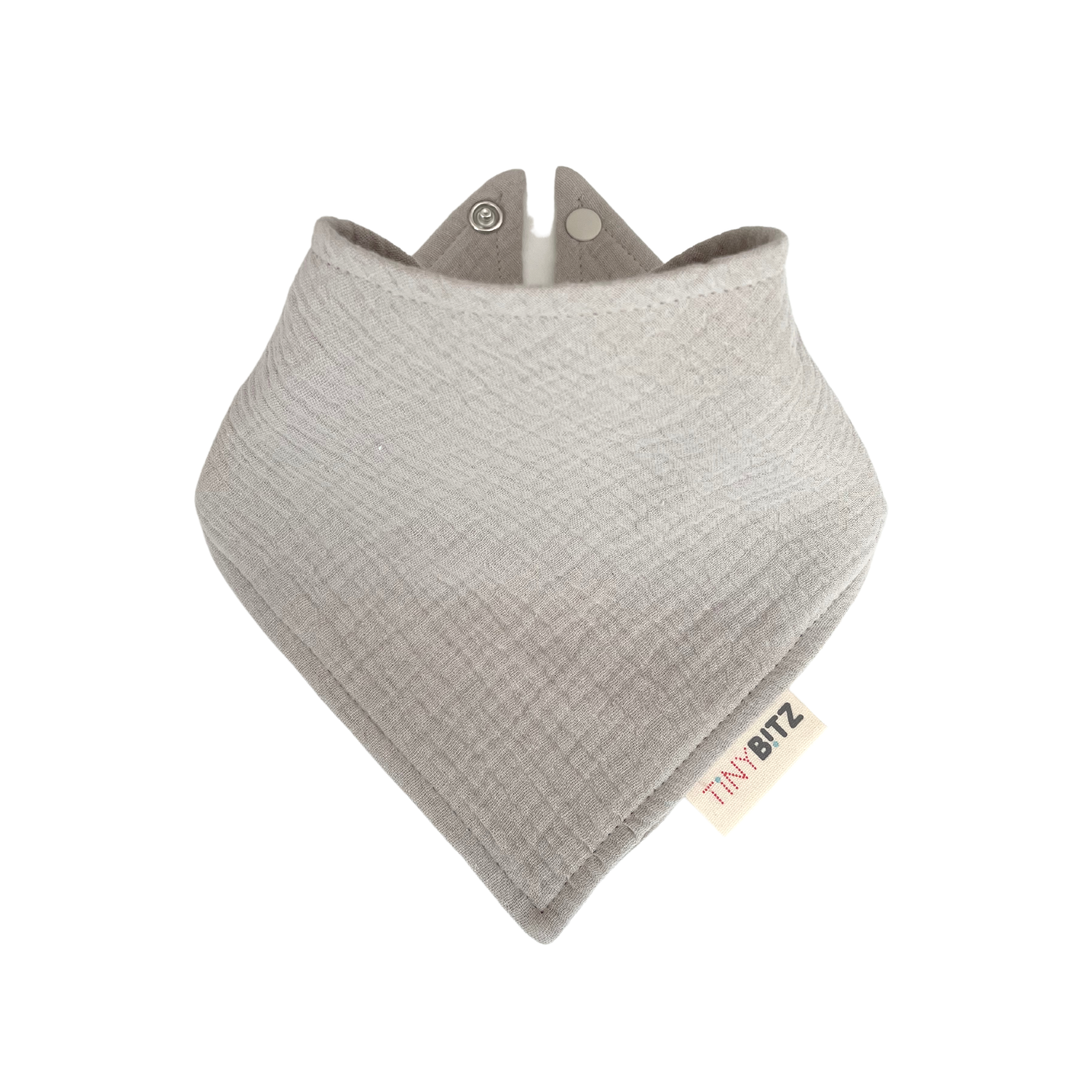 Light grey organic muslin bib, perfect for baby gifts and keepsake accessories.