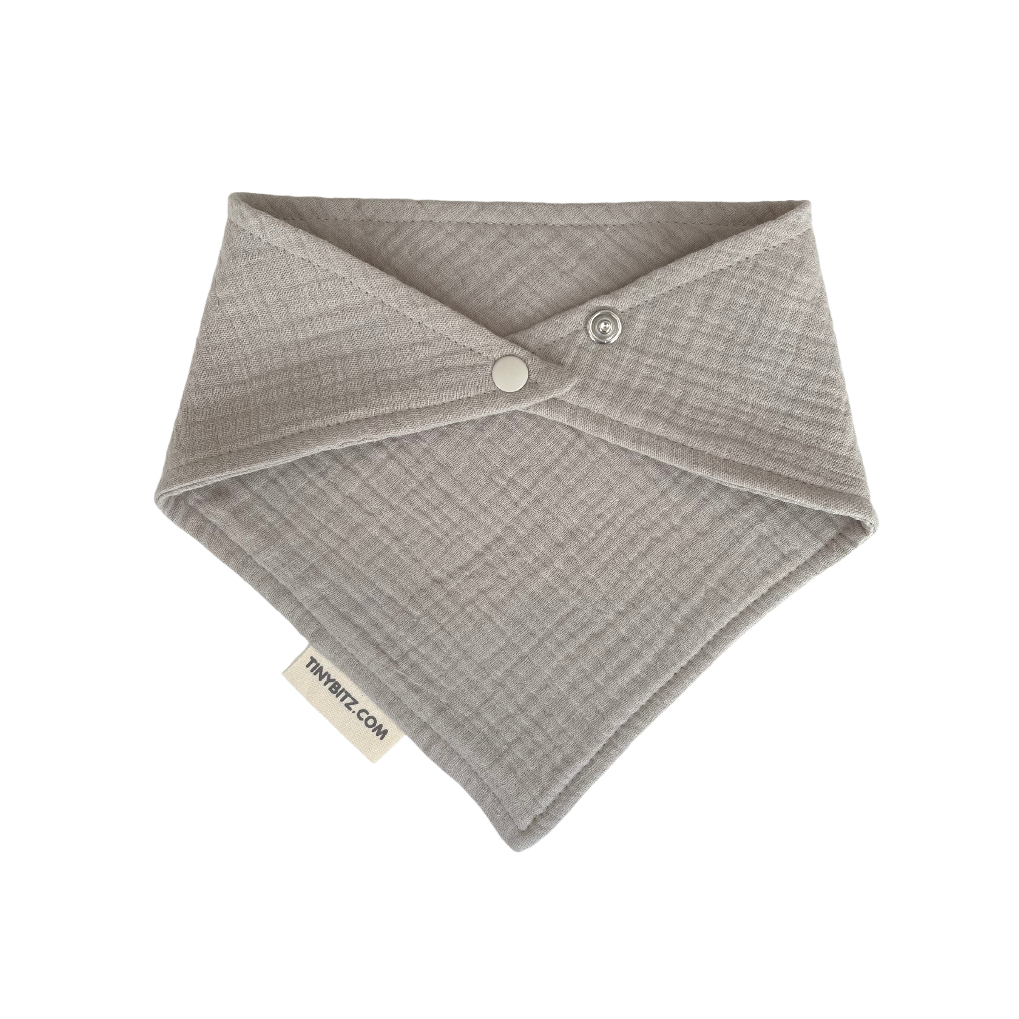 Baby bib in light grey, personalised baby gift made from breathable muslin by TinyBitz.