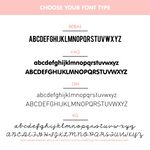 Font options for name personalization on the blanket. TinyBitz knitted baby blanket in navy background.